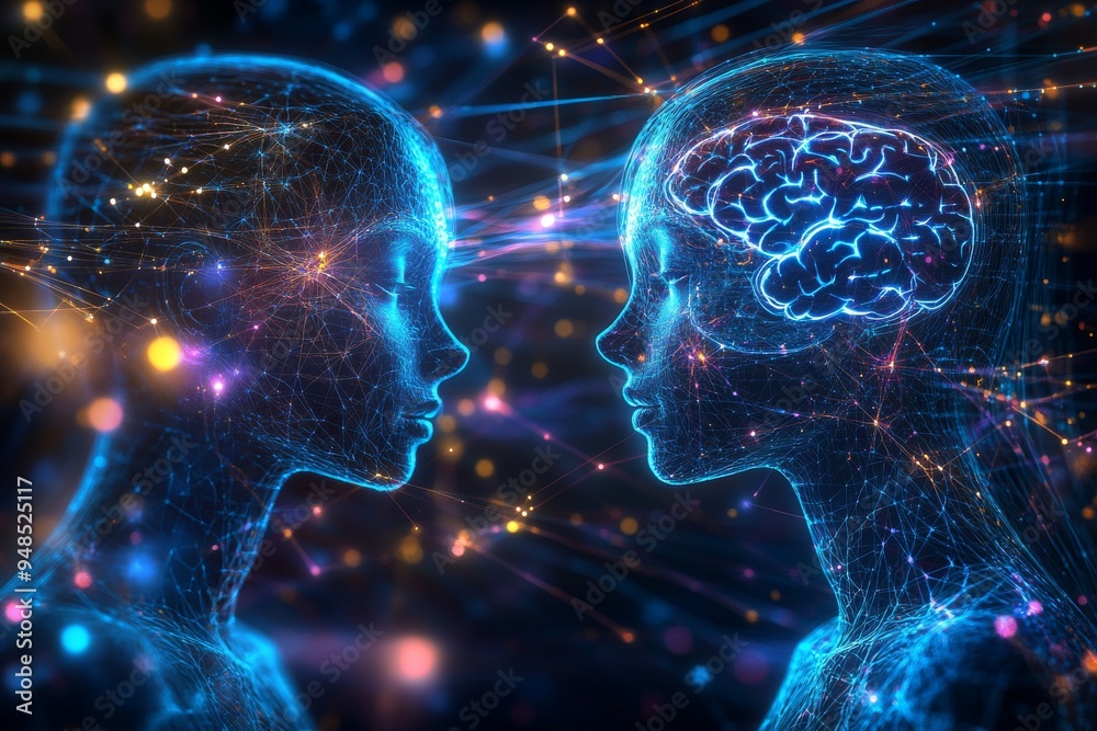 Digital representation of two heads with glowing brain visuals symbolizing the exchange of ideas and intellectual synergy in a connected mind Digital representation of two heads with glowing brain visuals symbolizing the exchange of ideas and intellectual synergy in a connected mind