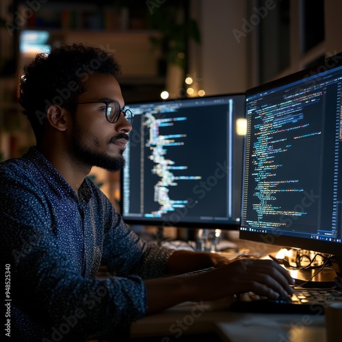 6. Full-stack developer working on cloud integration, coding in the background, modern software development process.