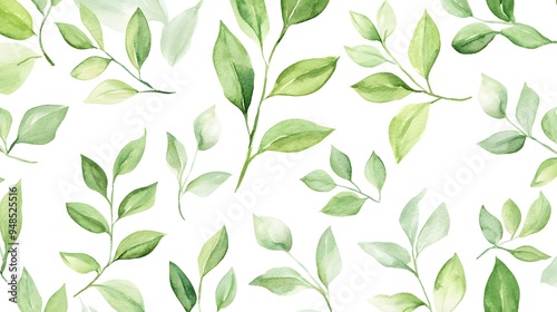 Watercolor green leaves clipart set, various types of leaves and branches, seamless pattern on white background, vector illustration, high resolution, detailed