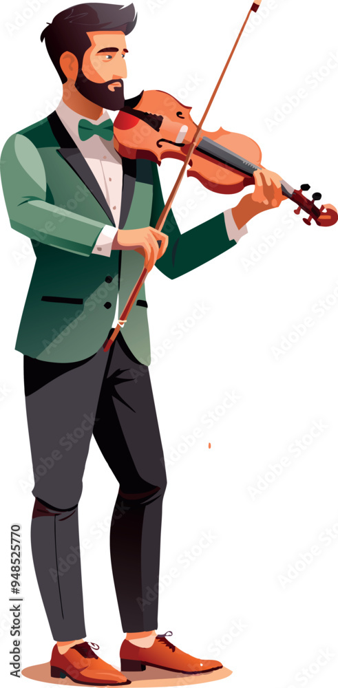 Musician playing violin with bow in tuxedo on white background- Musician playing violin with bow in tuxedo on white background-