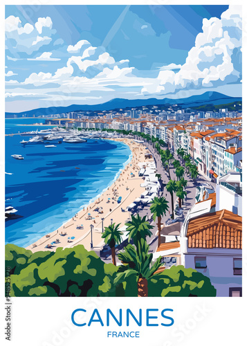 Cannes France Poster Illustration Travel Print Decor Gift Paper Canvas Wall Retro Art photo