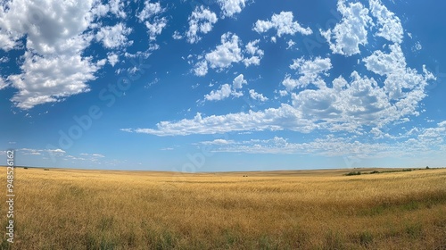 A panoramic view of the Great Plains with endless fields and a wide-open sky. No people, copy space. photo