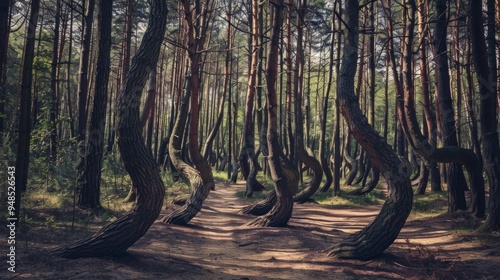 A pathway through a forest of unusually bent trees.