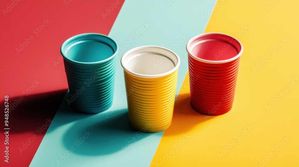 Three small plastic cups in teal, yellow, and red placed against a tricolor background, offering a playful and vibrant visual composition. Three small plastic cups in teal, yellow, and red placed against a tricolor background, offering a playful and vibrant visual composition.