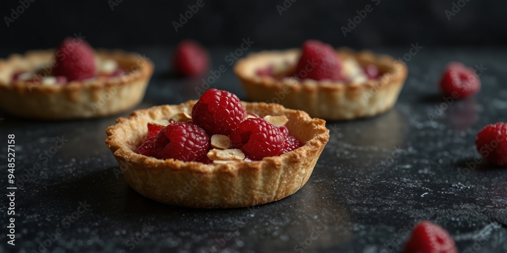 Delicious raspberry almond tarts on dark slate background. Delicious raspberry almond tarts on dark slate background.