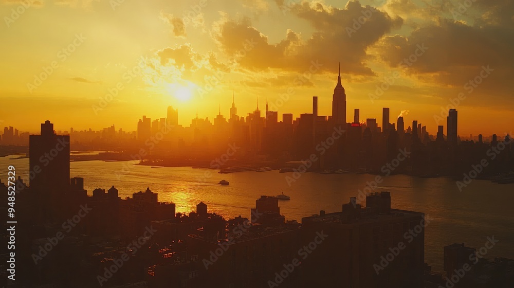 A panoramic view of the New York City skyline at sunset. No people, cityscape with copy space. A panoramic view of the New York City skyline at sunset. No people, cityscape with copy space.