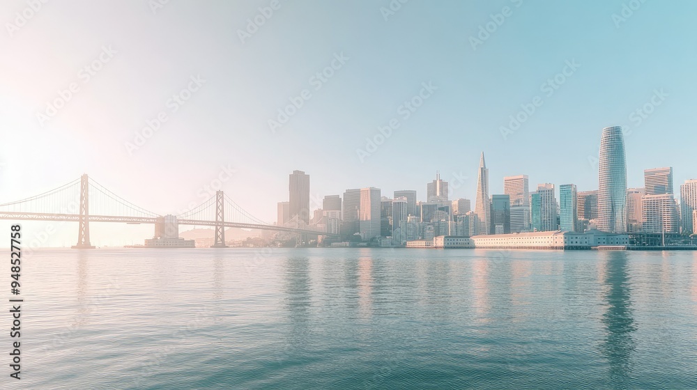 Naklejka premium A panoramic view of the San Francisco skyline with the Bay Bridge. No people, cityscape with copy space.