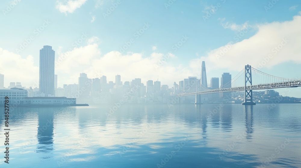 A panoramic view of the San Francisco skyline with the Bay Bridge. No people, cityscape with copy space. A panoramic view of the San Francisco skyline with the Bay Bridge. No people, cityscape with copy space.