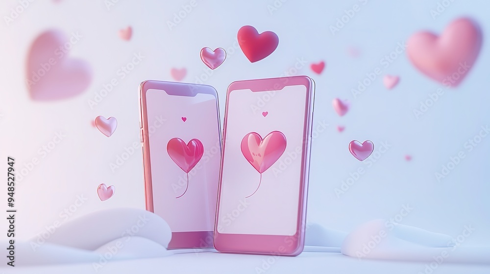 Young couple declaration of love by message on mobile.3D rendering on white background. Young couple declaration of love by message on mobile.3D rendering on white background.
