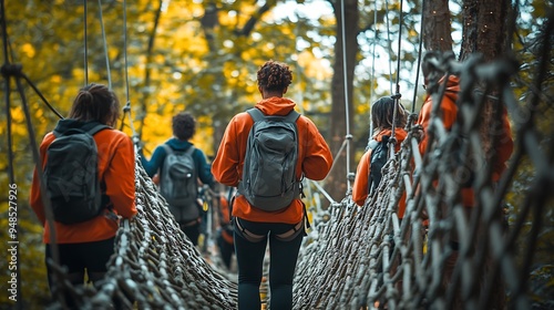 several people walking across a bridge in the woods photo