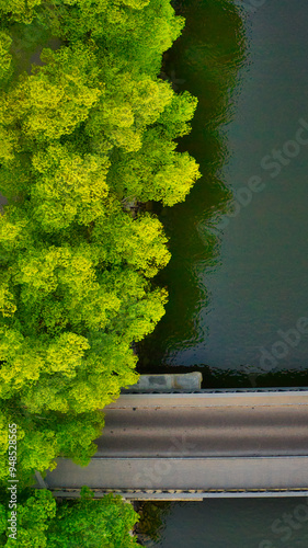 Drone shot of a bridge near the canal, outdoor footage. High quality photo