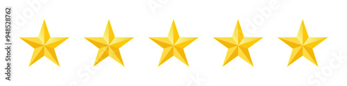 Rating symbol set of five pointed yellow golden stars quality rating product or service quality assesment simple minimal icon sign label vector design transparent background