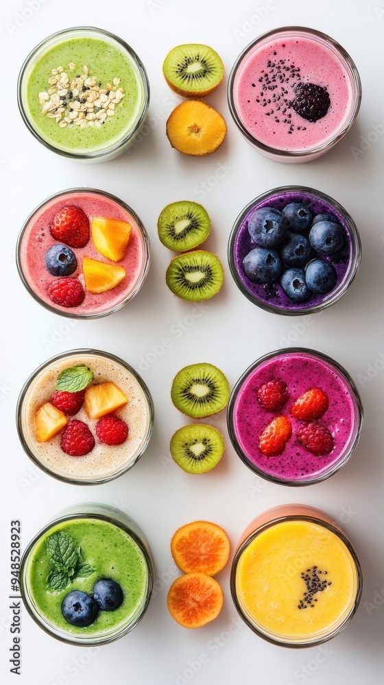 A vibrant assortment of fruit smoothies served in glass cups with fresh fruits displayed alongside, showcasing various flavors and colors