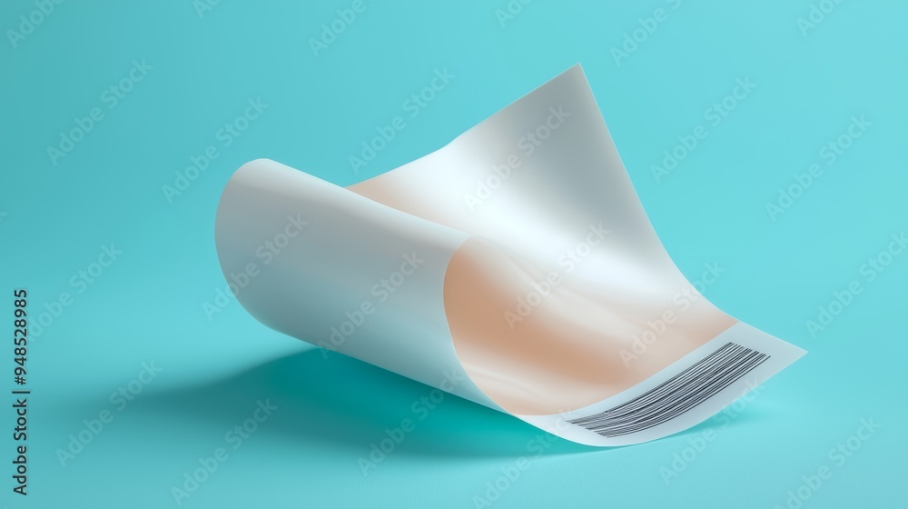 A curled sheet of paper on a blue background, showcasing a minimalist design with a subtle gradient and printed bar code. A curled sheet of paper on a blue background, showcasing a minimalist design with a subtle gradient and printed bar code.