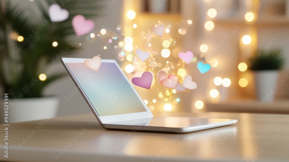 A laptop on a table with colorful hearts and soft glows, creating a warm, inviting atmosphere perfect for creativity. A laptop on a table with colorful hearts and soft glows, creating a warm, inviting atmosphere perfect for creativity.