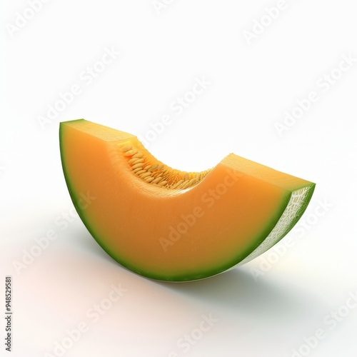 A single slice of cantaloupe melon with seeds, isolated on a white background.