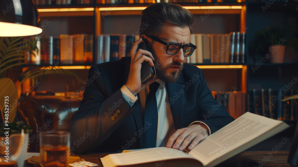 businessman reading a book in a library businessman reading a book in a library