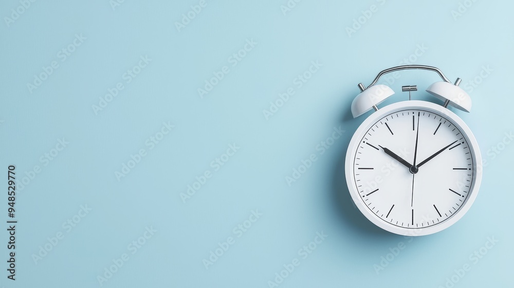 A minimalist white alarm clock against a light blue background, symbolizing time management and punctuality in a modern setting.