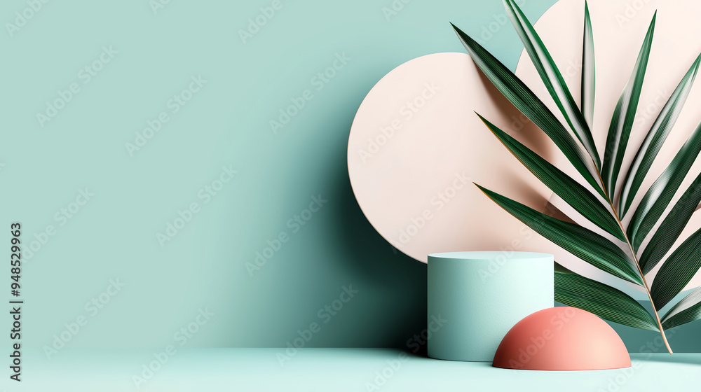 Fototapeta premium A modern composition featuring geometric shapes and tropical leaves on a soft pastel background, perfect for contemporary designs.