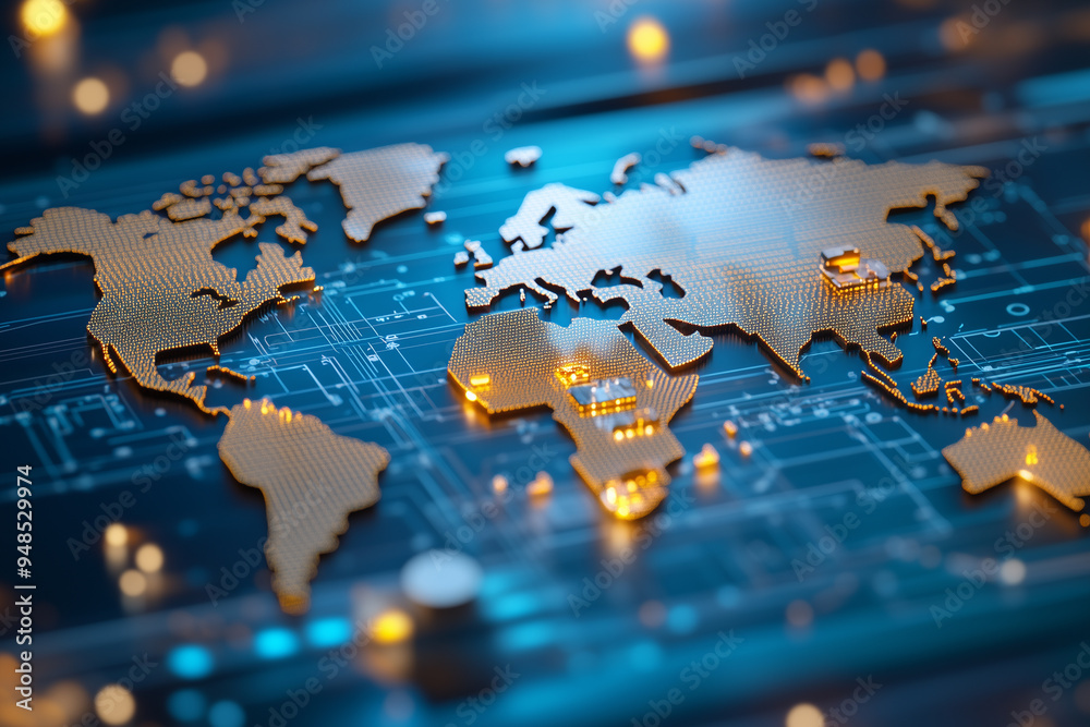 A digital map of the world with various city lights, representing global connections and business growth through online cargo shipping A digital map of the world with various city lights, representing global connections and business growth through online cargo shipping