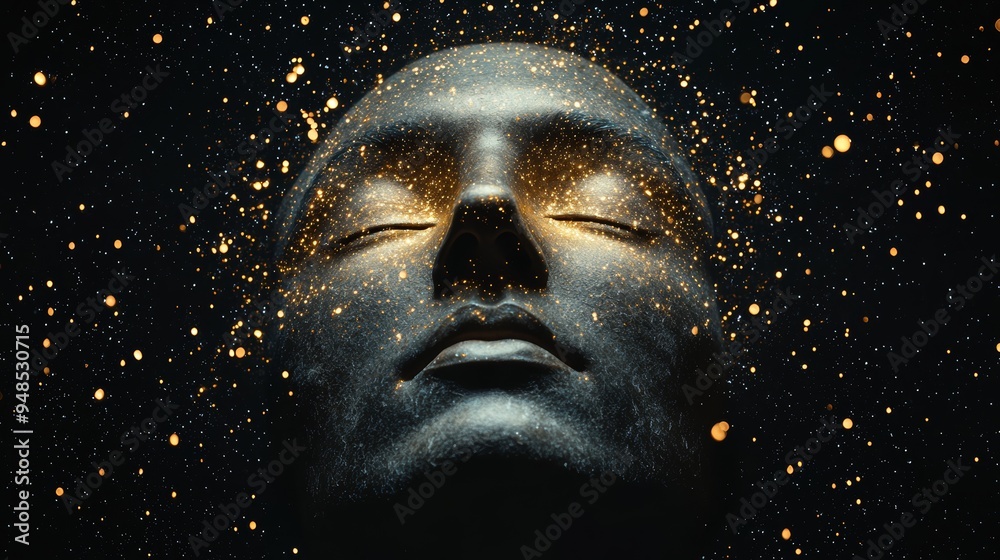 A serene sculpture of a face surrounded by shimmering particles, suggesting tranquility and ethereal beauty in a dark atmosphere. A serene sculpture of a face surrounded by shimmering particles, suggesting tranquility and ethereal beauty in a dark atmosphere.