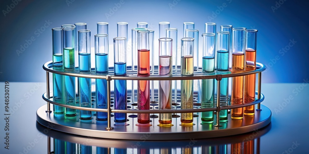 Circular rack holding various analysis test tubes, laboratory, research, science, chemistry, experiment, equipment Circular rack holding various analysis test tubes, laboratory, research, science, chemistry, experiment, equipment