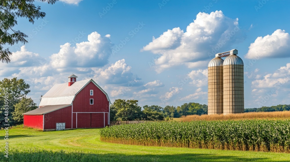 A quiet farm with a red barn and silos in the rural Midwest. No people, copy space. A quiet farm with a red barn and silos in the rural Midwest. No people, copy space.