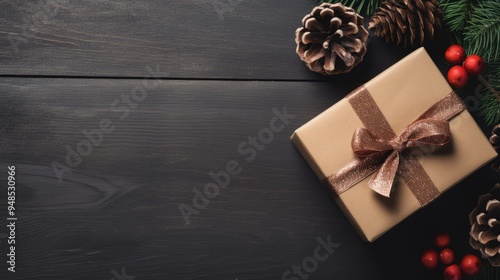 Festive Delights: Captivating Top View of Christmas Gift Adorned with Pine Cones and Cinnamon Sticks