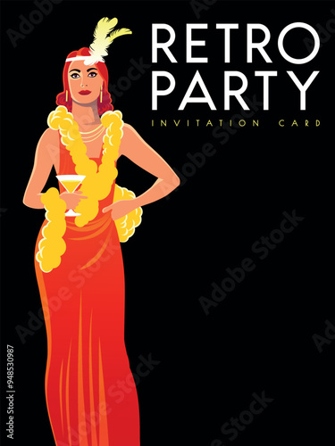 Young attractive girl in an evening vintage dress with a glass of cocktail in her hand. Retro party invitation card. Handmade drawing vector illustration. Art Deco style