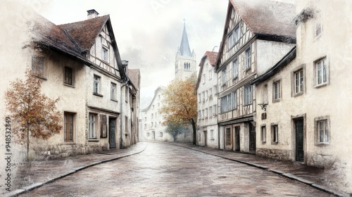 Charming street view of an old town with historic buildings and a church tower, enhanced by soft pastel colors and serene ambiance.