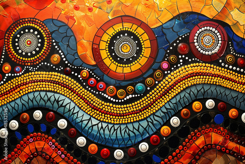 Australian Aboriginal Dot Painting Depicting a Dreamtime Story of the Land