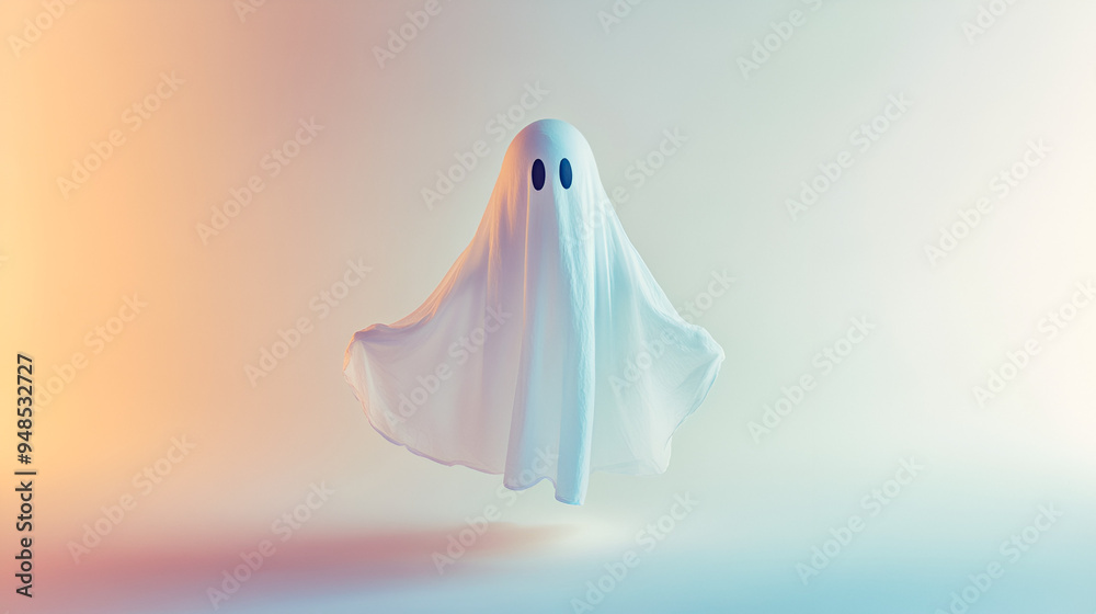 Minimalistic White Ghost Costume Floating in Mid-Air with a Warm Orange Glow, Evoking a Playful Halloween or Spooky Spirit Atmosphere Minimalistic White Ghost Costume Floating in Mid-Air with a Warm Orange Glow, Evoking a Playful Halloween or Spooky Spirit Atmosphere
