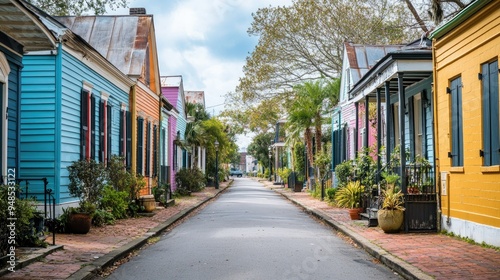A quiet street in a historic New Orleans neighborhood with colorful houses. No people, copy space.