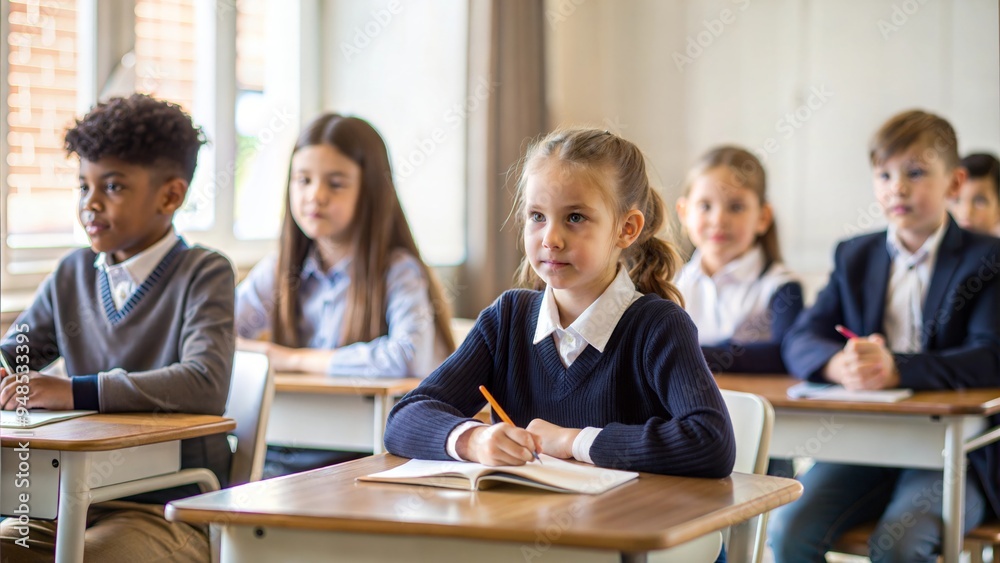 cute pupils at camera sitting on desk in class room, back to school concept cute pupils at camera sitting on desk in class room, back to school concept