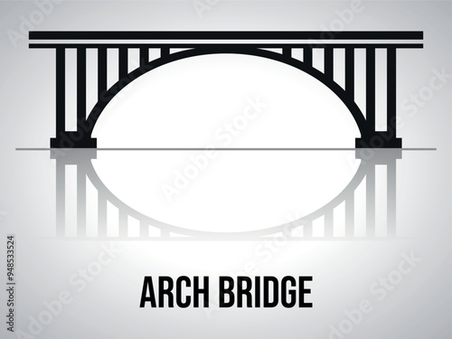 Arch bridge silhouette with a shadow. Vector on a gray background.