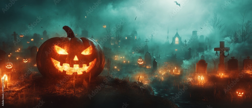 Spooky Halloween Pumpkin and Candles in a Foggy Cemetery Spooky Halloween Pumpkin and Candles in a Foggy Cemetery
