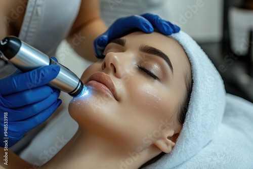 An aesthetician using a microdermabrasion device on a client's face, with sleek, contemporary spa decor photo