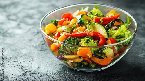 Healthy vegetable stir-fry in a modern glass bowl with natural light.