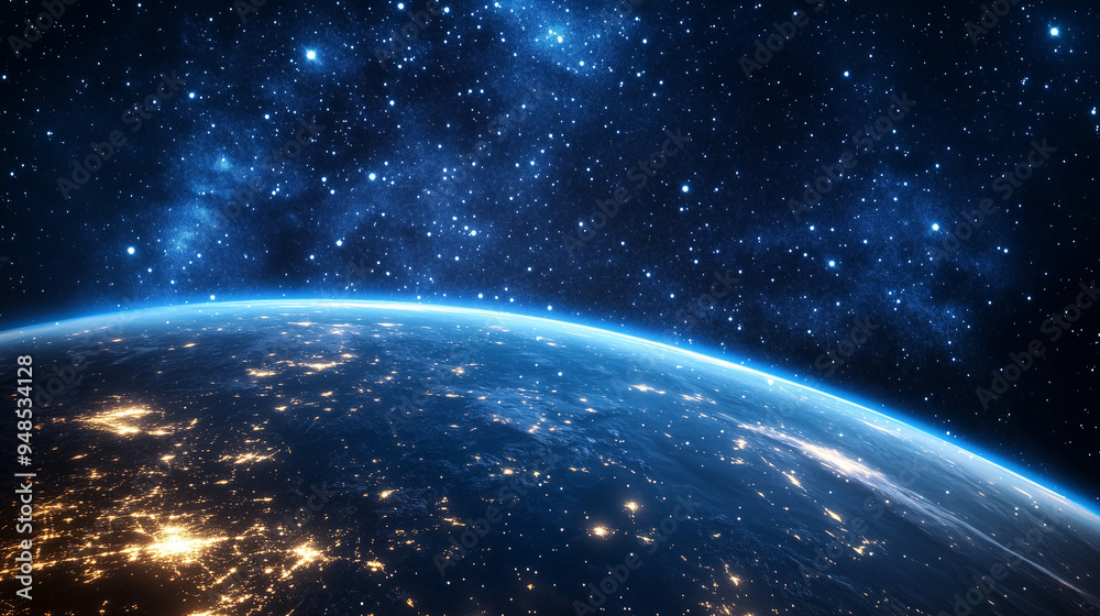 A breathtaking view of Earth from space with the galaxy and glowing city lights A breathtaking view of Earth from space with the galaxy and glowing city lights