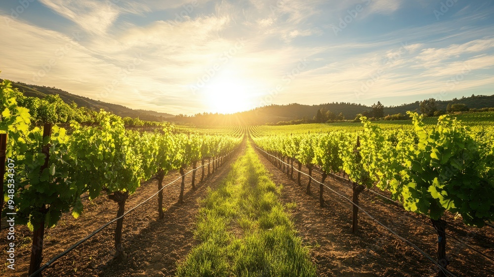 Fototapeta premium A quiet vineyard in Napa Valley with rows of grapevines under the sun. No people, copy space.