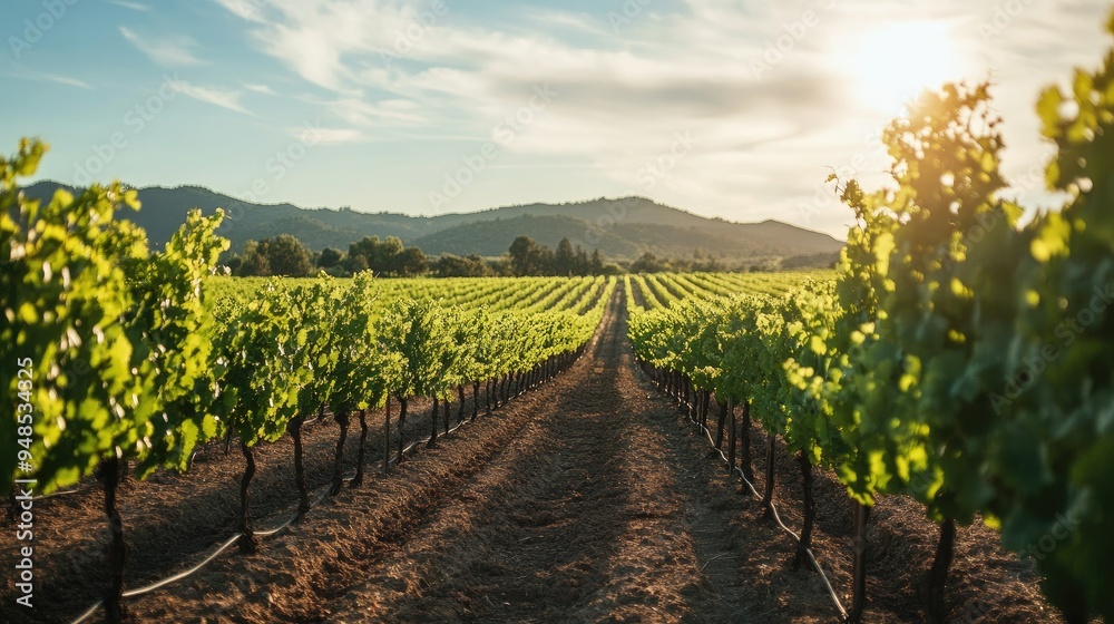 Naklejka premium A quiet vineyard in Napa Valley with rows of grapevines under the sun. No people, copy space.