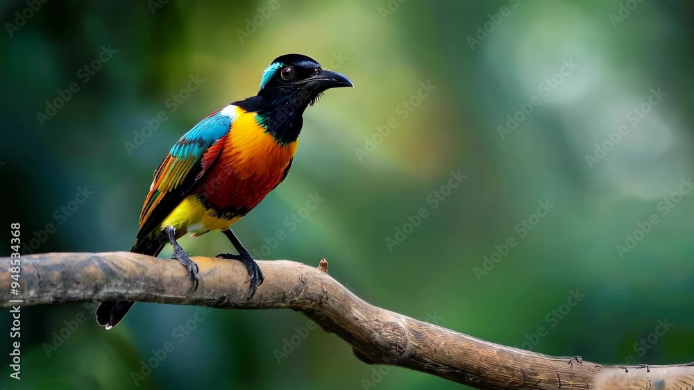 a vividly colored bird resting on a branch, adorned with brilliant shades of blue, orange, yellow, and green. a vividly colored bird resting on a branch, adorned with brilliant shades of blue, orange, yellow, and green.