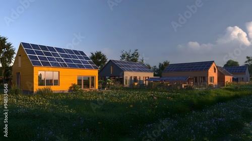 35. **A modern farm building complex with a solar panel array.