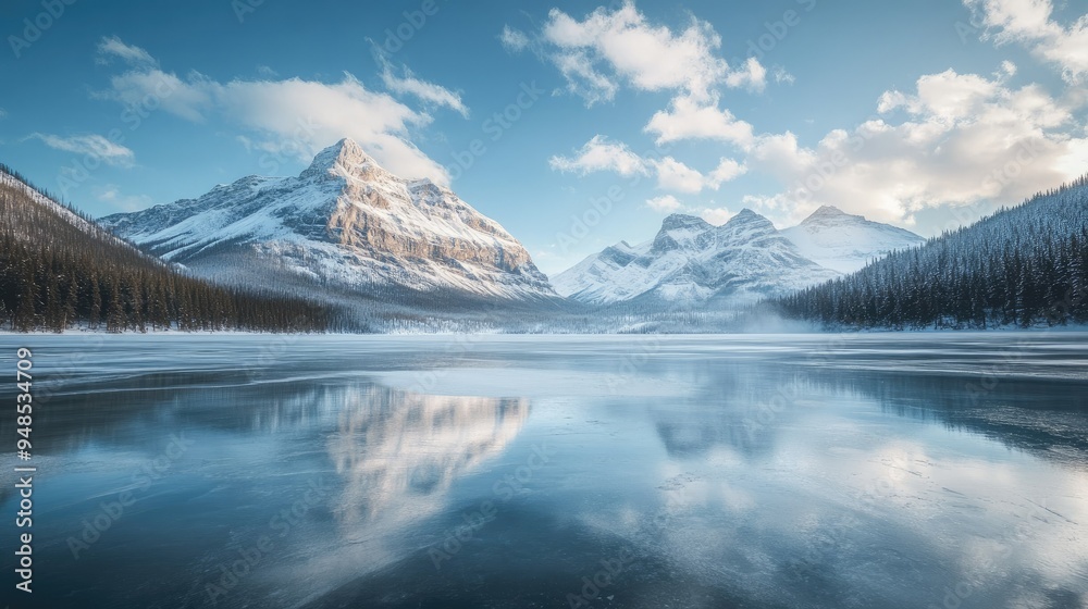 Naklejka premium A serene view of a frozen lake in the Canadian Rockies with snow-capped peaks. No people, copy space.