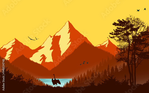 Mountain landscape nature forest woods scenary vector background cover poster wallpaper jungle birds trees fog mist beautiful nature scene illustration