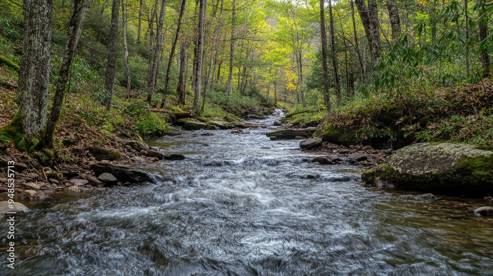 A serene view of a mountain stream in the Great Smoky Mountains. No people, copy space. A serene view of a mountain stream in the Great Smoky Mountains. No people, copy space.