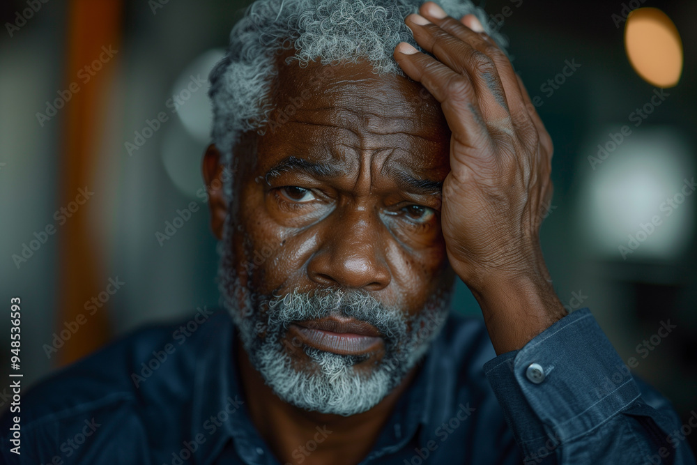 Middle-Aged Black Man with Grey Hair Holding His Head in Pain, Depicting Stress, Headache, and Mental Strain from Work Overload in an Office Setting Middle-Aged Black Man with Grey Hair Holding His Head in Pain, Depicting Stress, Headache, and Mental Strain from Work Overload in an Office Setting