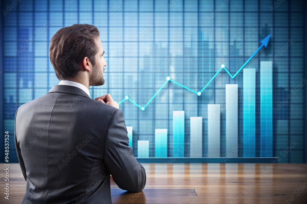A businessman looks at a digital chart with rising bars, representing success in financial investments and monitoring growth trends over time A businessman looks at a digital chart with rising bars, representing success in financial investments and monitoring growth trends over time