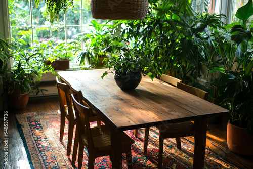 A cozy dining area filled with lush plants, sunlight streaming in through large windows, perfect for a tranquil home environment. photo