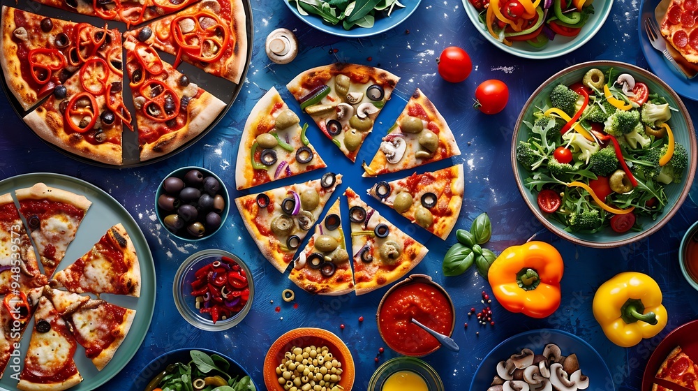 Pizza, Salad, and Peppers on Blue Table Pizza, Salad, and Peppers on Blue Table